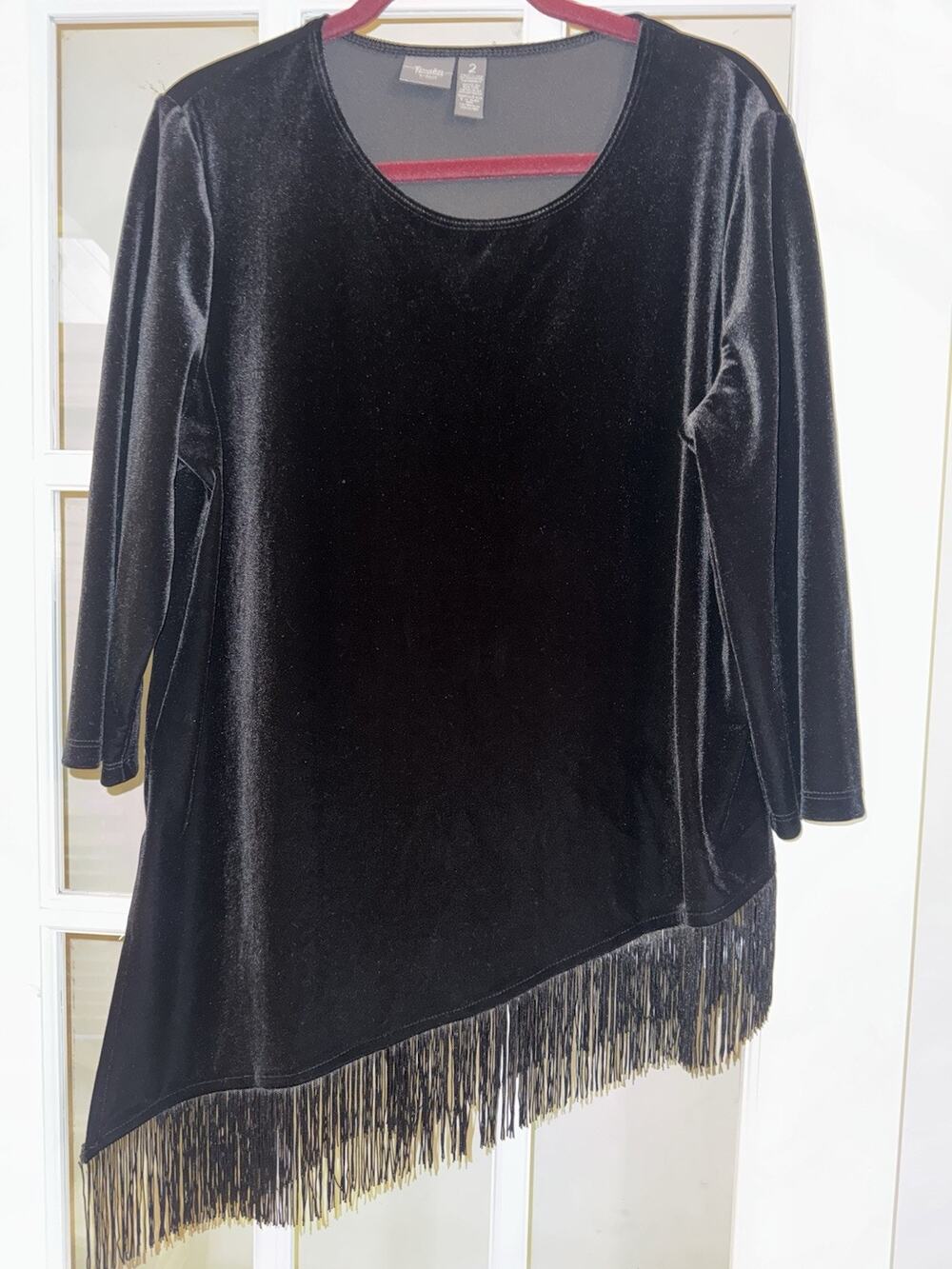 Chico’s Travelers Collection Black Velvet Fringe Hem Tunic Top Women’s Size 2